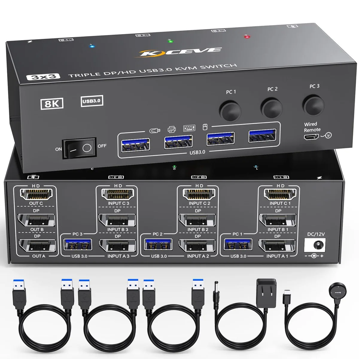  TRENDnet KC-KVM303DH 3-PC 3-Monitor KVM Switch 8K@60Hz 4K@144Hz — product photo