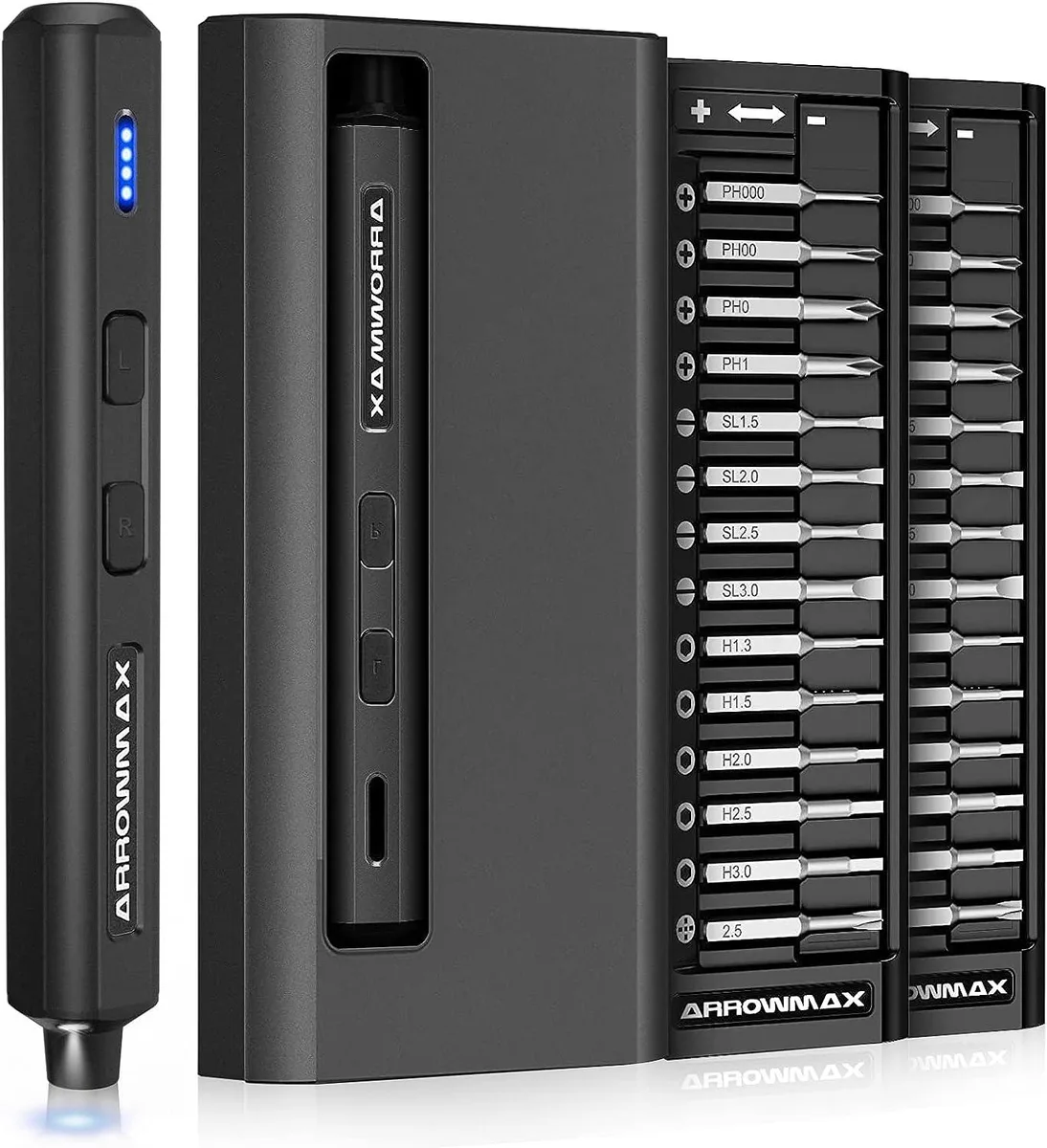 Compact black cube-shaped electric screwdriver with magnetic bit storage box and 28 precision bits