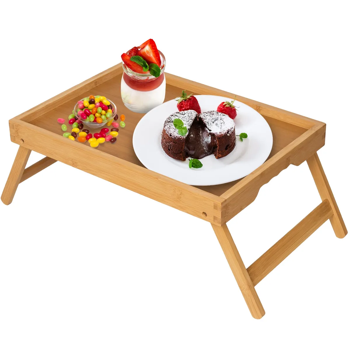 Light bamboo tray with folded legs and handles, flat rectangular shape