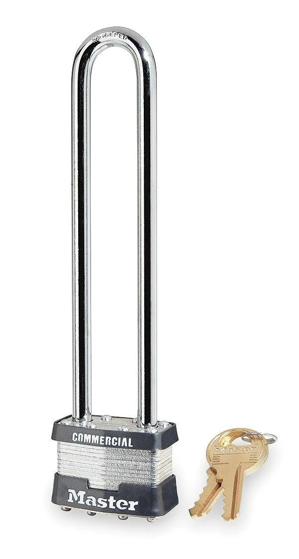 Silver rectangular steel padlock with tall shackle and laminated finish