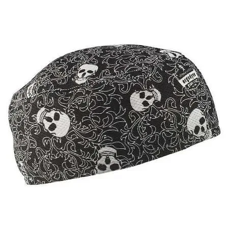 Black and white skull-patterned evaporative cooling cap with elastic tie closure