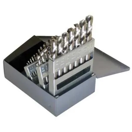 Black metal case holding twenty-nine bright steel drill bits in fractional sizes