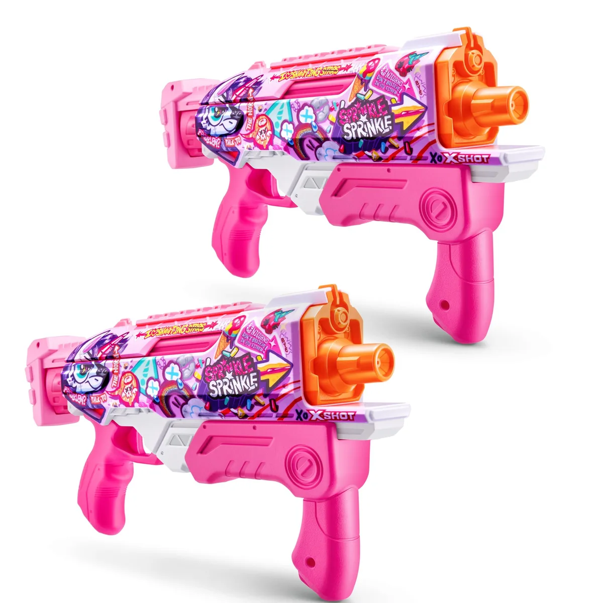 Two pink water blasters with yellow accents, pump-action design, 500ml tanks, fast-fill opening