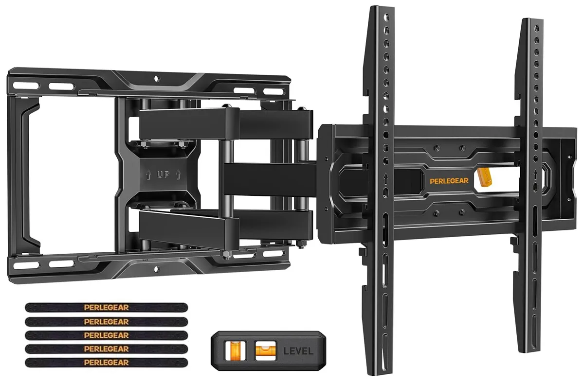 Black steel full-motion TV wall mount with articulated arm and wall plate, pre-assembled, matte finish