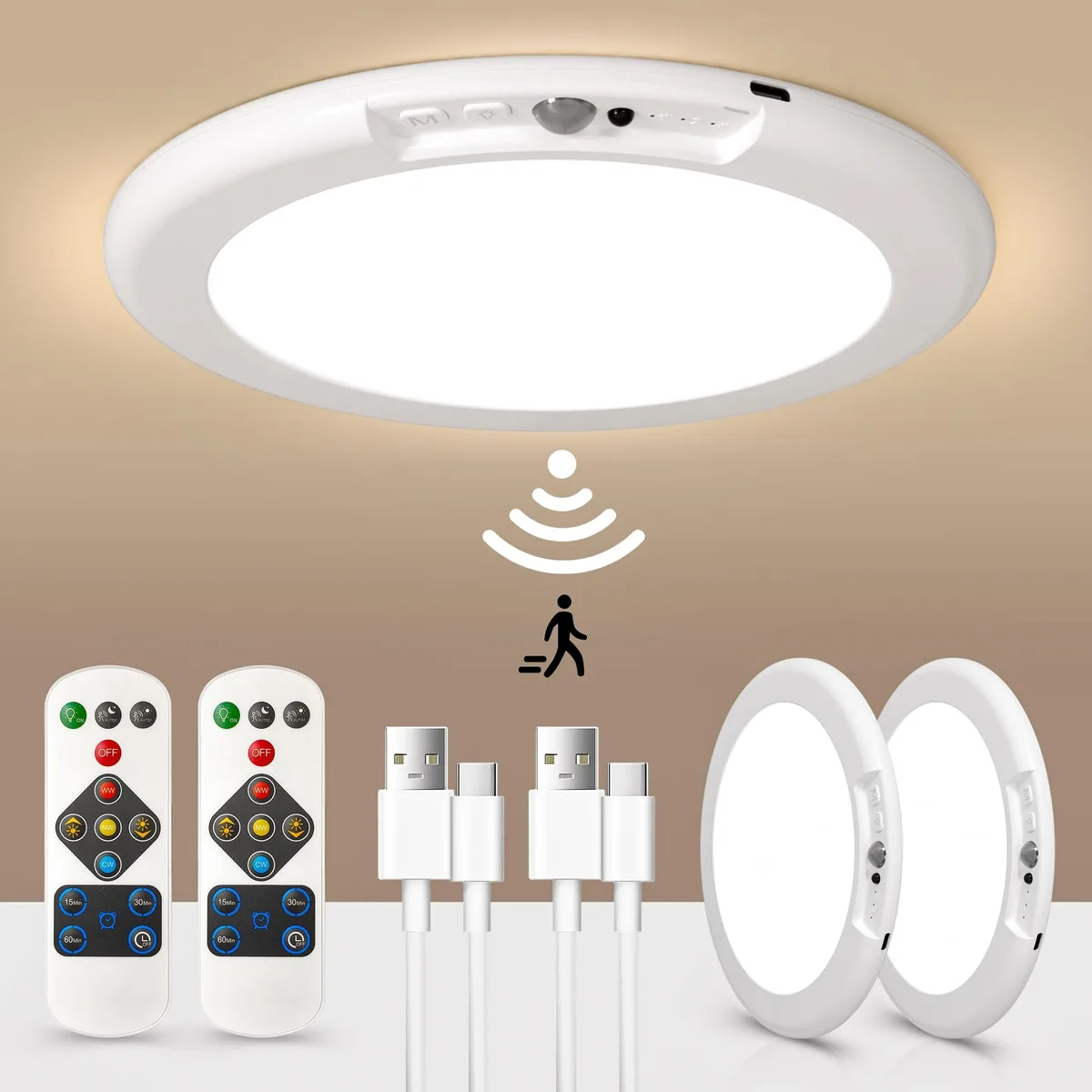 Two white flush-mount ceiling lights with clear prismatic acrylic lenses and remote control