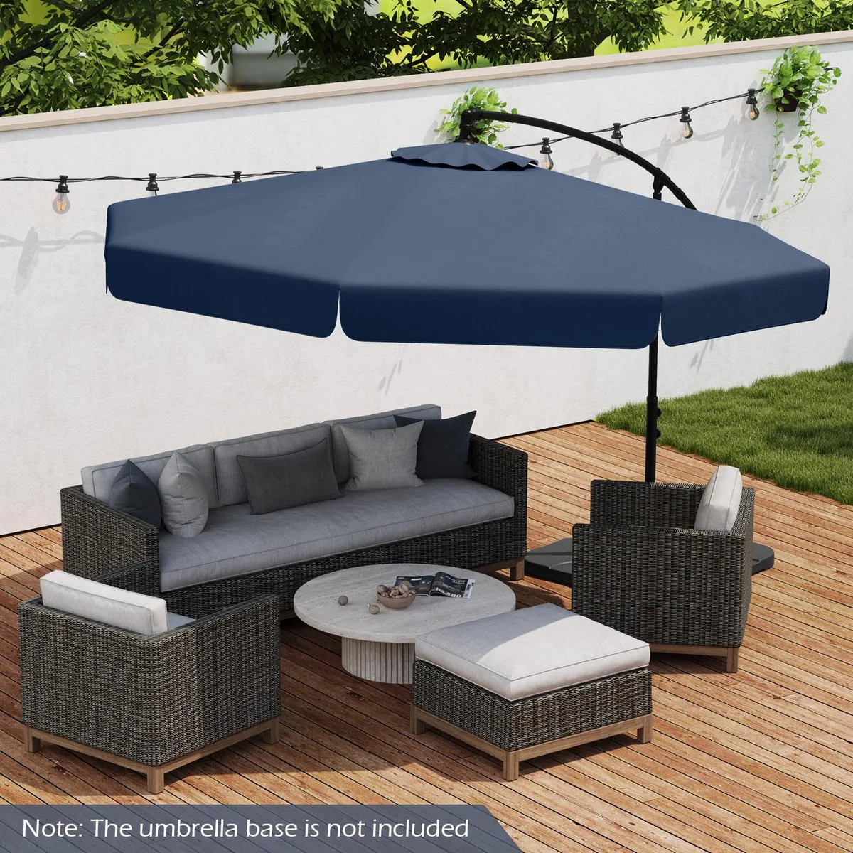 Navy 10 ft cantilever umbrella with ruffled edge, crank handle and cover