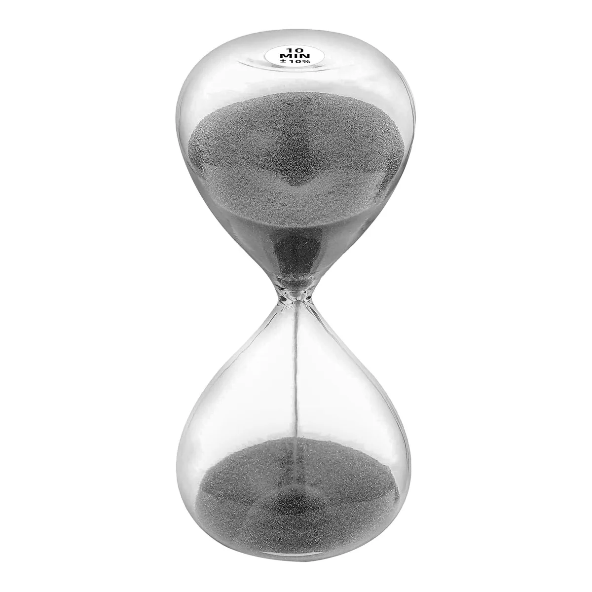 Copper-finished plastic hourglass, 5.1 inches tall, black sand inside clear glass