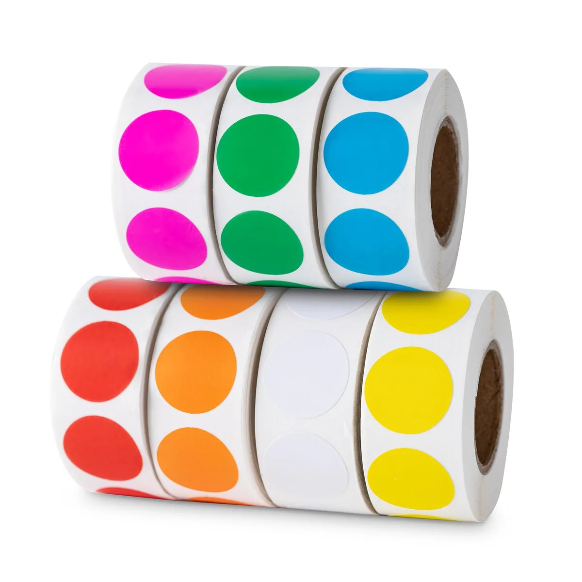 Seven rolls of 0.75 inch round stickers in pink yellow green white red blue orange on a white background