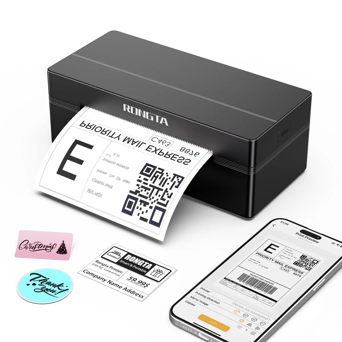 Compact white thermal label printer with blue accents, rectangular shape, top label output slot, USB-C port visible on side