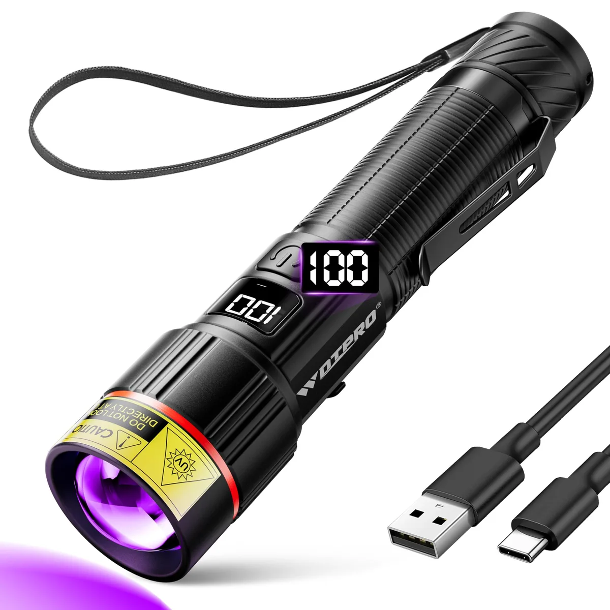 Compact black aluminium UV flashlight with LCD screen and zoom head