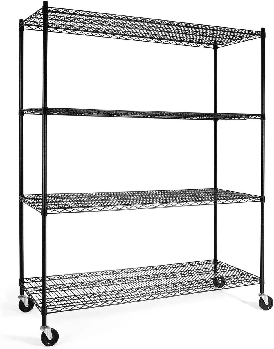 Black four-tier wire shelving unit on wheels with leveling feet, 60 by 24 by 76 inches