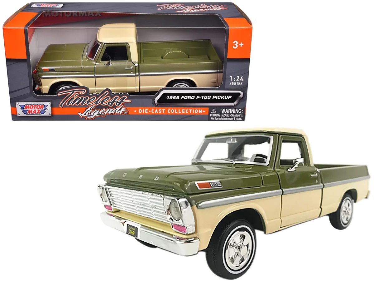 MOTORMAX MOTORMAX 1969 Ford F-100 Pickup Truck Light Green and Cream 1/24 Diecast hobby collectible — product photo