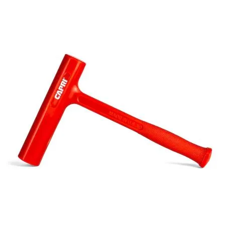 Orange polyurethane dead blow hammer with slim cylindrical head and textured handle grip