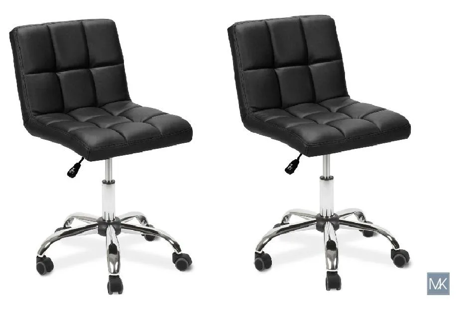 Black rolling technician stool with pneumatic height adjustment, chrome base, vinyl seat and backrest