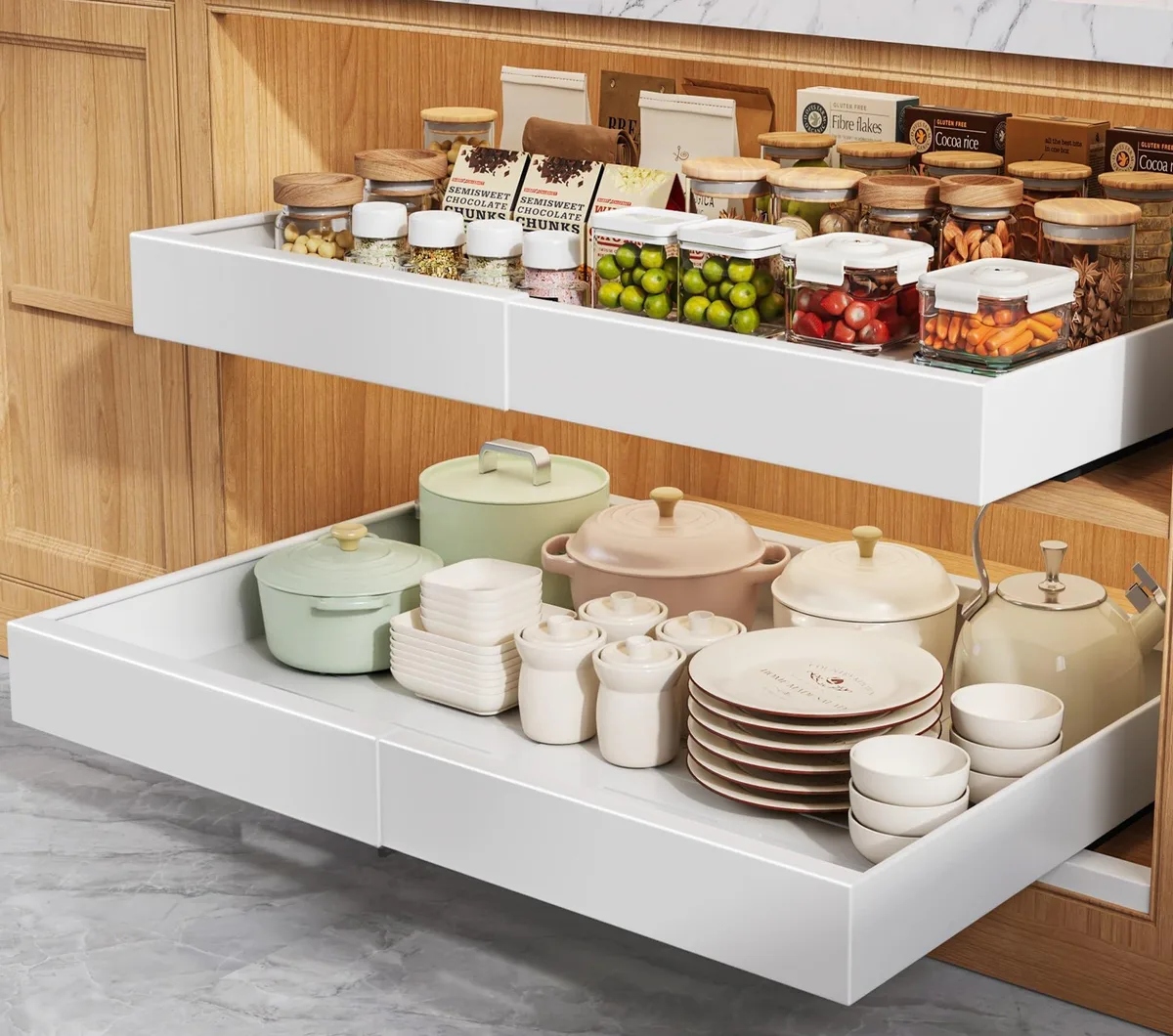 Two white metal pull-out cabinet shelves with raising pads and adhesive strips, shown extended on three rails