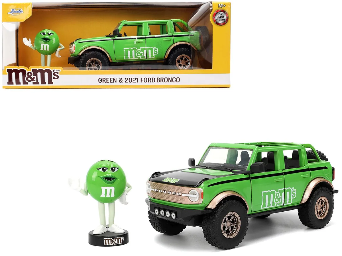 Jada Jada 2021 Ford Bronco Green with Black Stripes and Green M&amp;M's Figure Hollywood Rides 1/24 Diecast — product photo