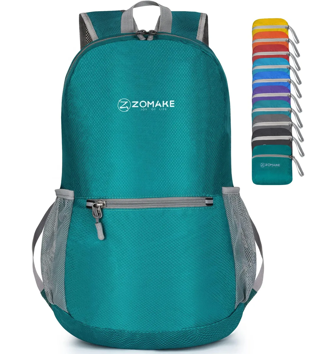 Lake Green packable nylon backpack, folds into small pouch