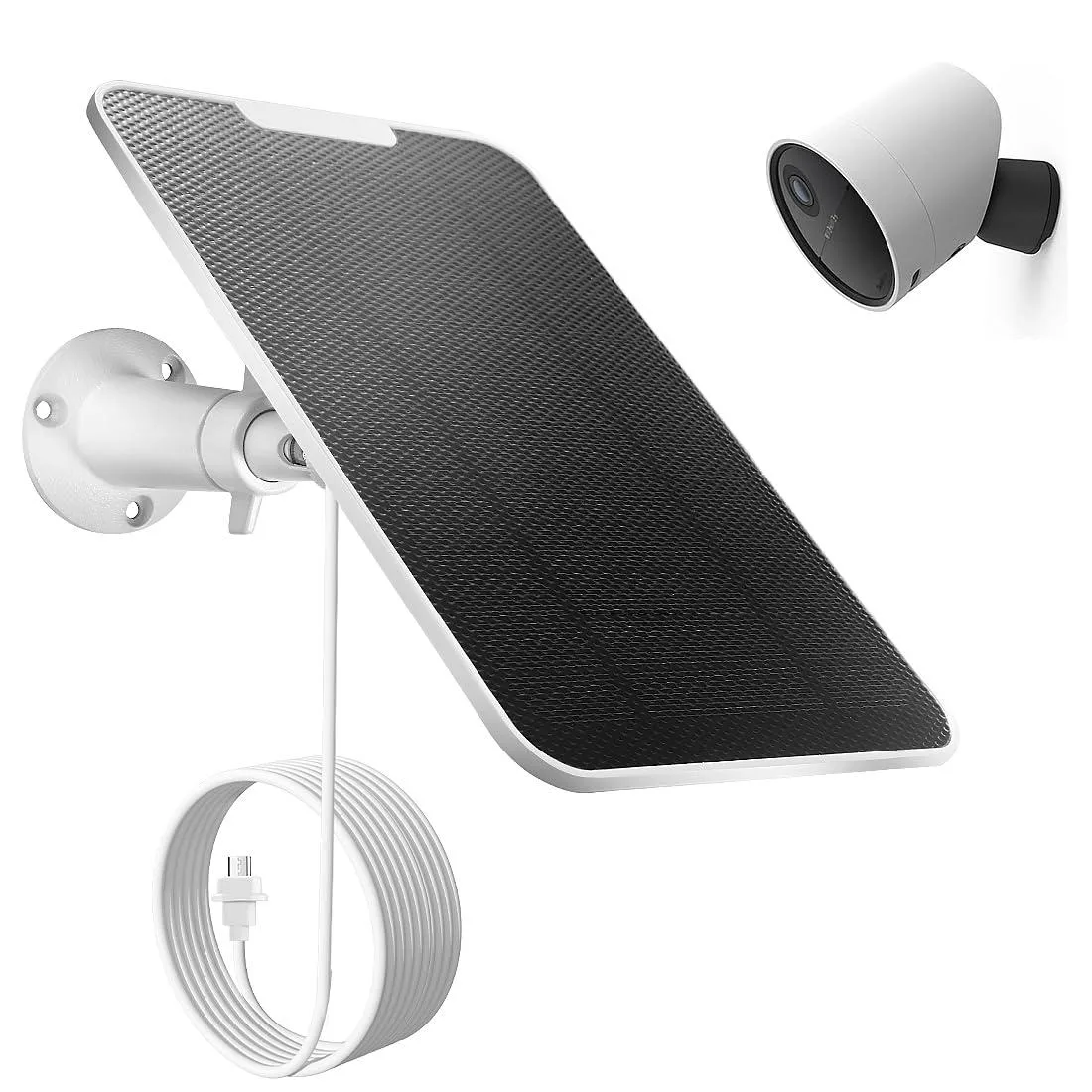 White rectangular solar panel with adjustable wall mount and cable