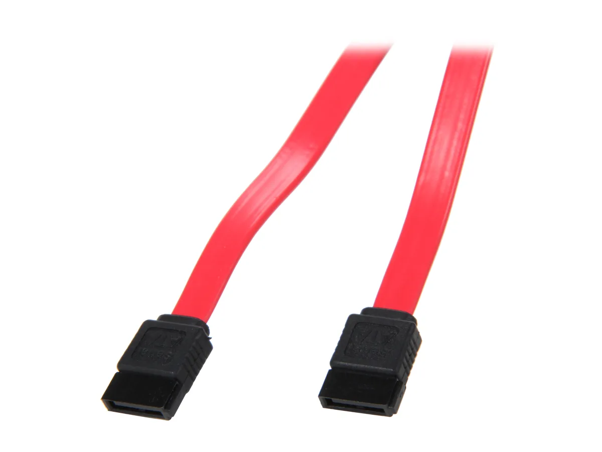 Red SATA data cable with two 7-pin straight connectors, 12 inch PVC jacket