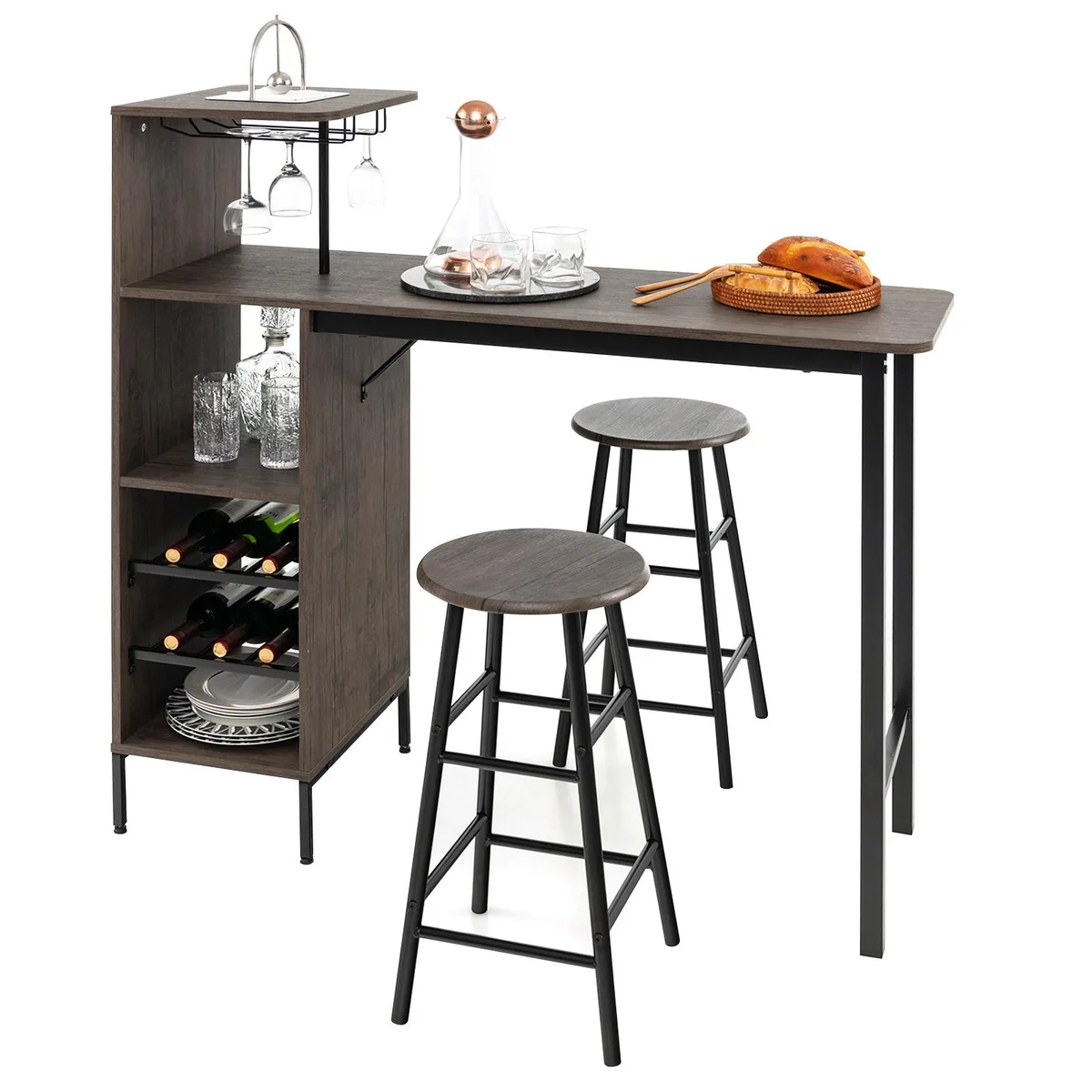 SlickBlue SlickBlue 3-Piece Bar Table &amp; Stools Set with 6-Bottle Wine Rack Brown — product photo