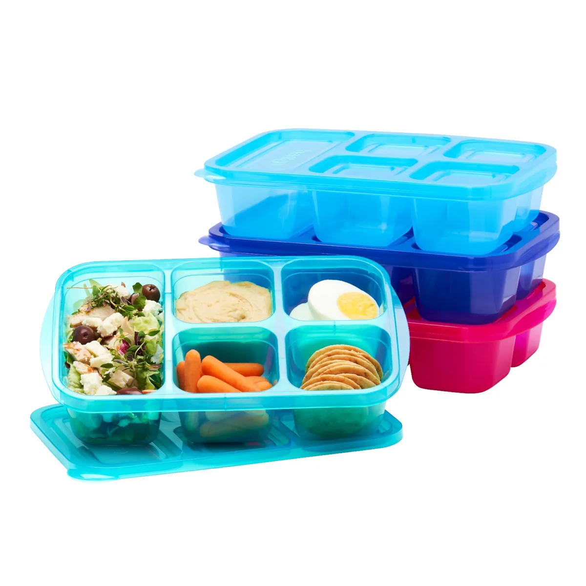 Four stacked plastic lunch boxes with five compartments each, bright jewel-toned lids, compact rectangular shape