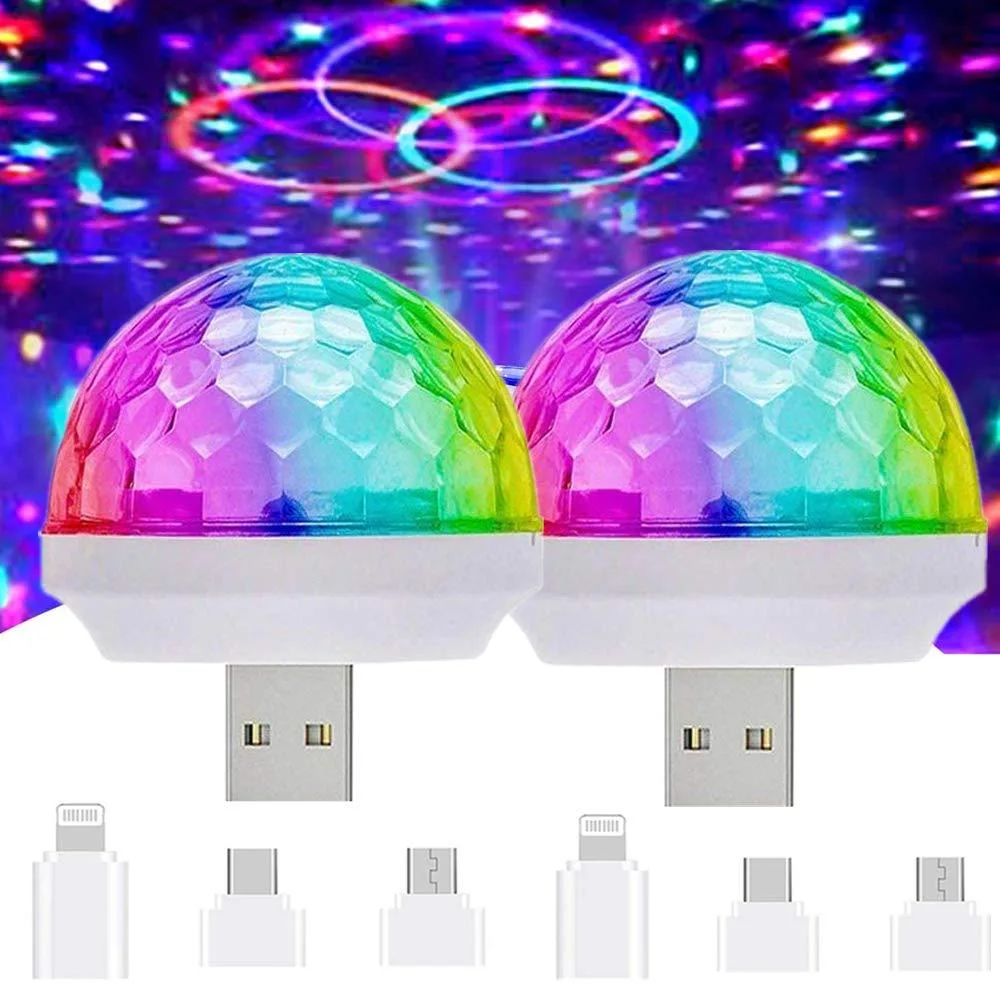Two small red plastic USB disco lights with blue cables