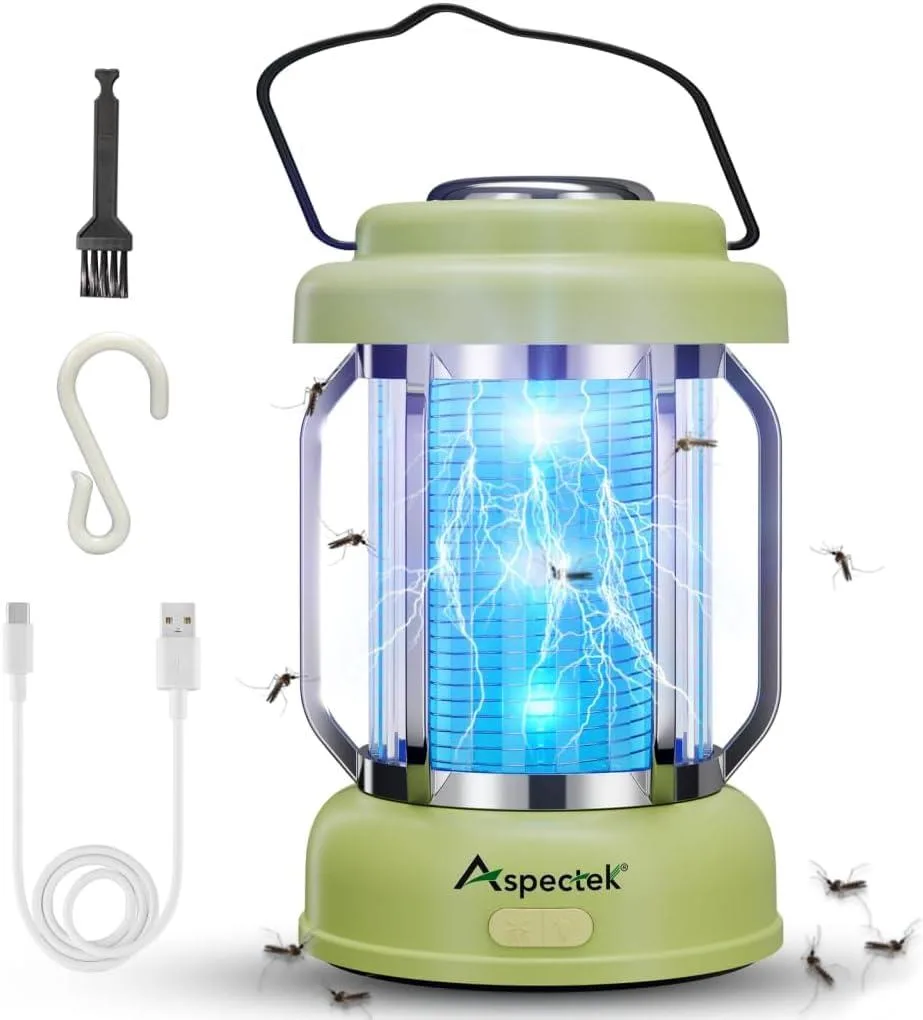 Green cylindrical lantern with bug zapper grid, hanging hook and USB-C port
