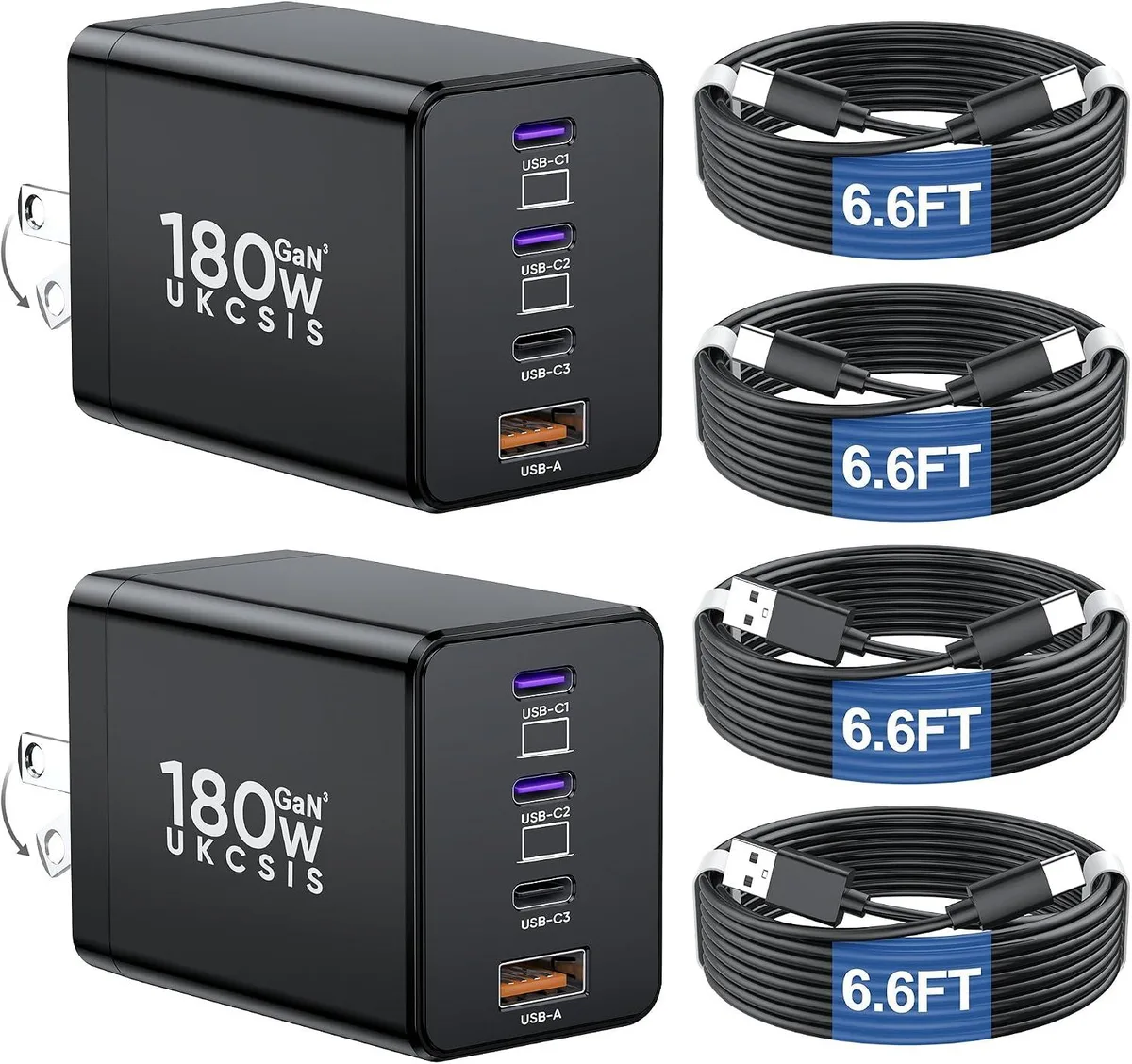 ONITOON ONITOON 2 Pack 180W 4-Port GaN USB-C Charger Black — product photo