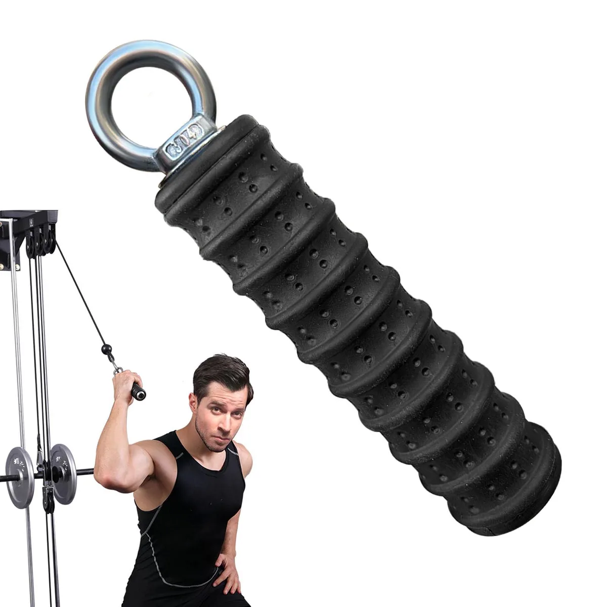 Black single cable machine handle with textured rubber grip and metal attachment loop