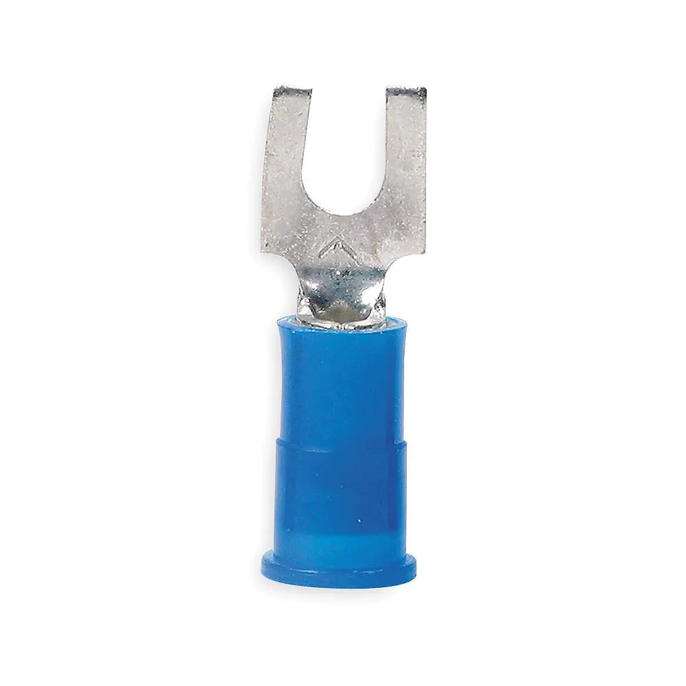 Blue nylon insulated fork terminal with tin plated copper barrel for 14 to 16 AWG wire #10 stud