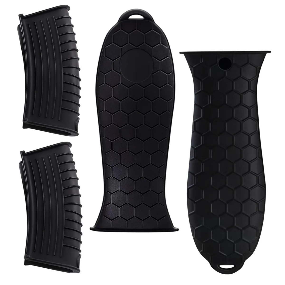 Four black silicone handle covers with textured grip and hanging holes
