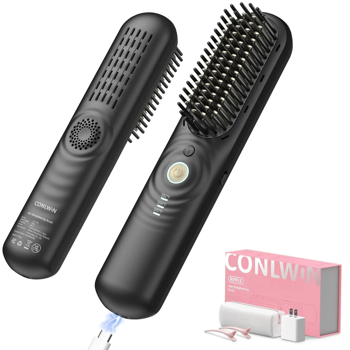 Pink cordless hair straightener brush with wide-tooth matrix comb