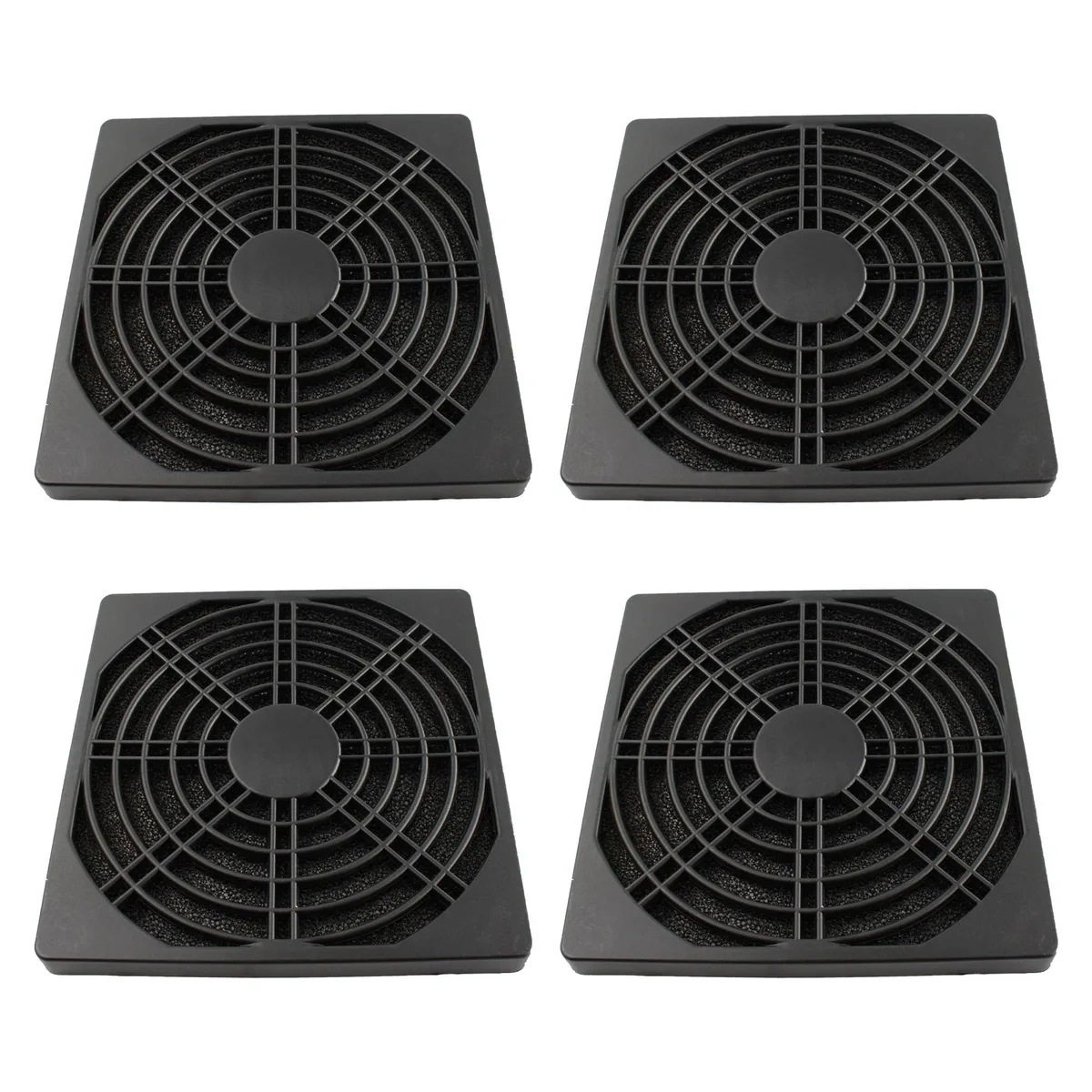 Four black square 120mm plastic fan filters with fine mesh screens and clip-on frames