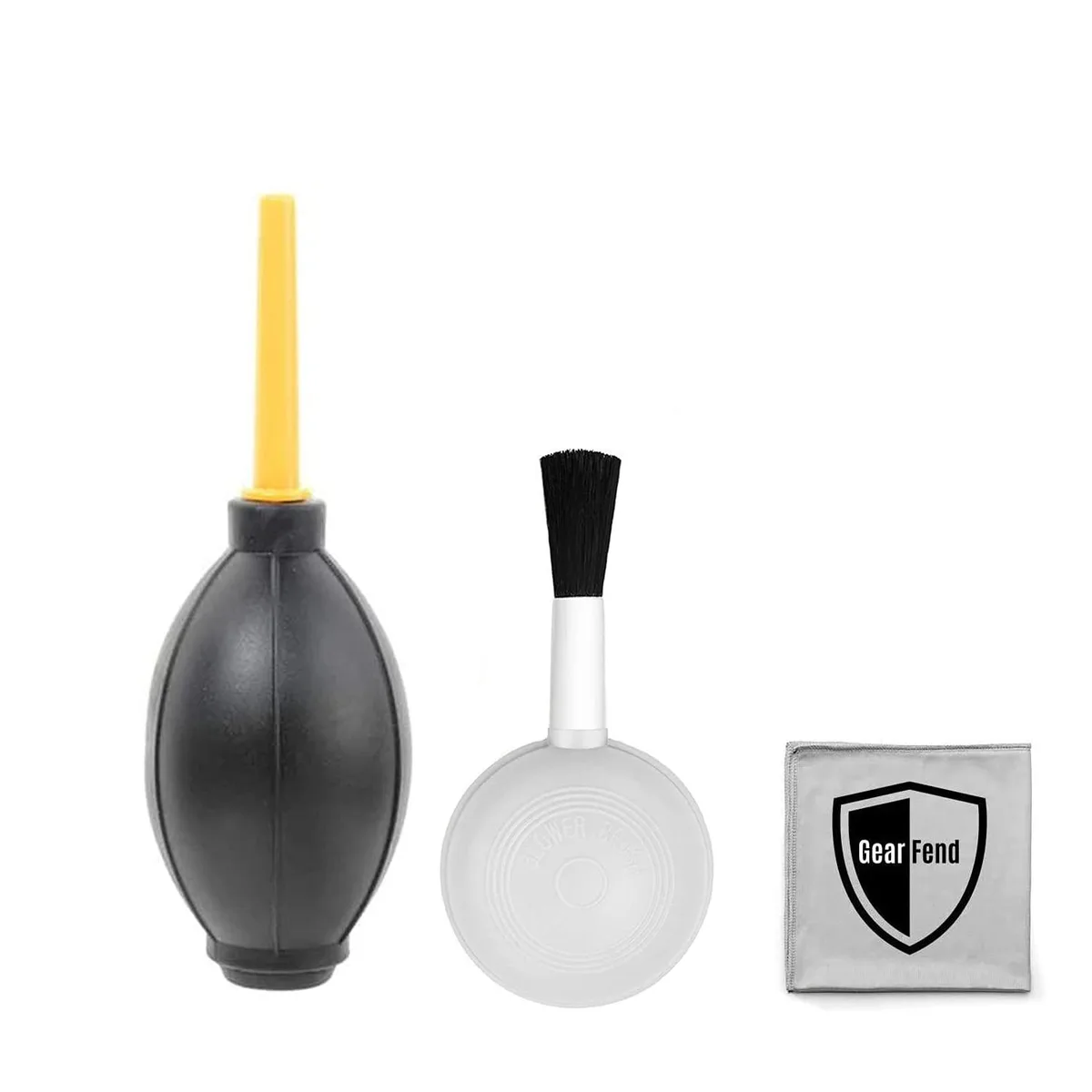 GearFend cleaning kit with black rubber air blaster, soft brush and microfiber cloth