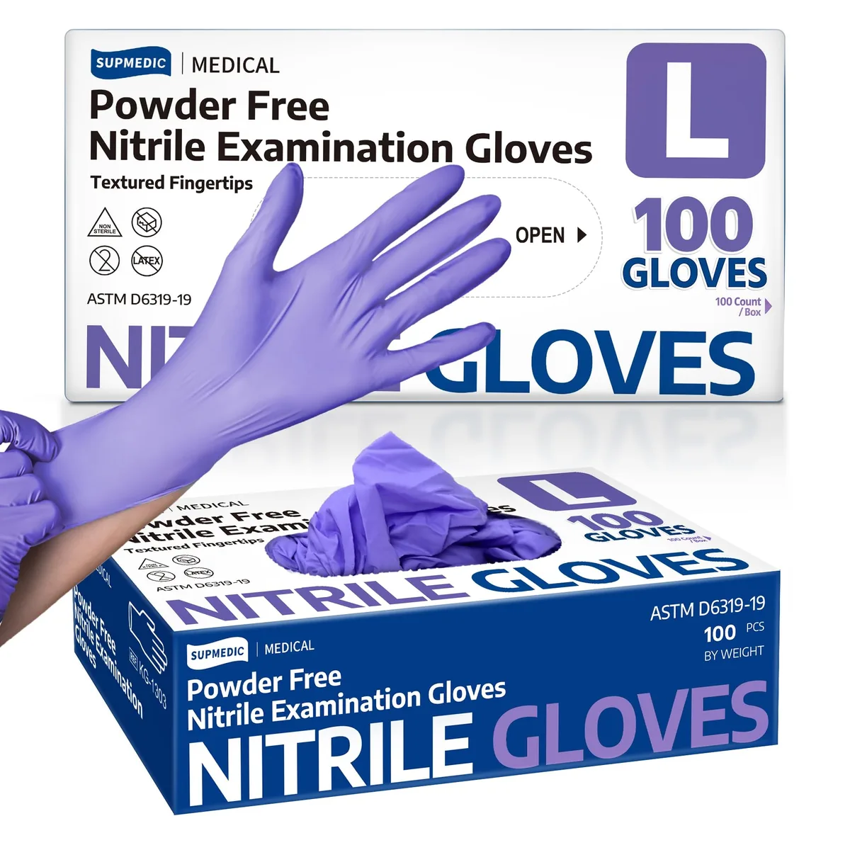 Box of 100 gray acrylic gloves size 8 displayed in open top-load carton