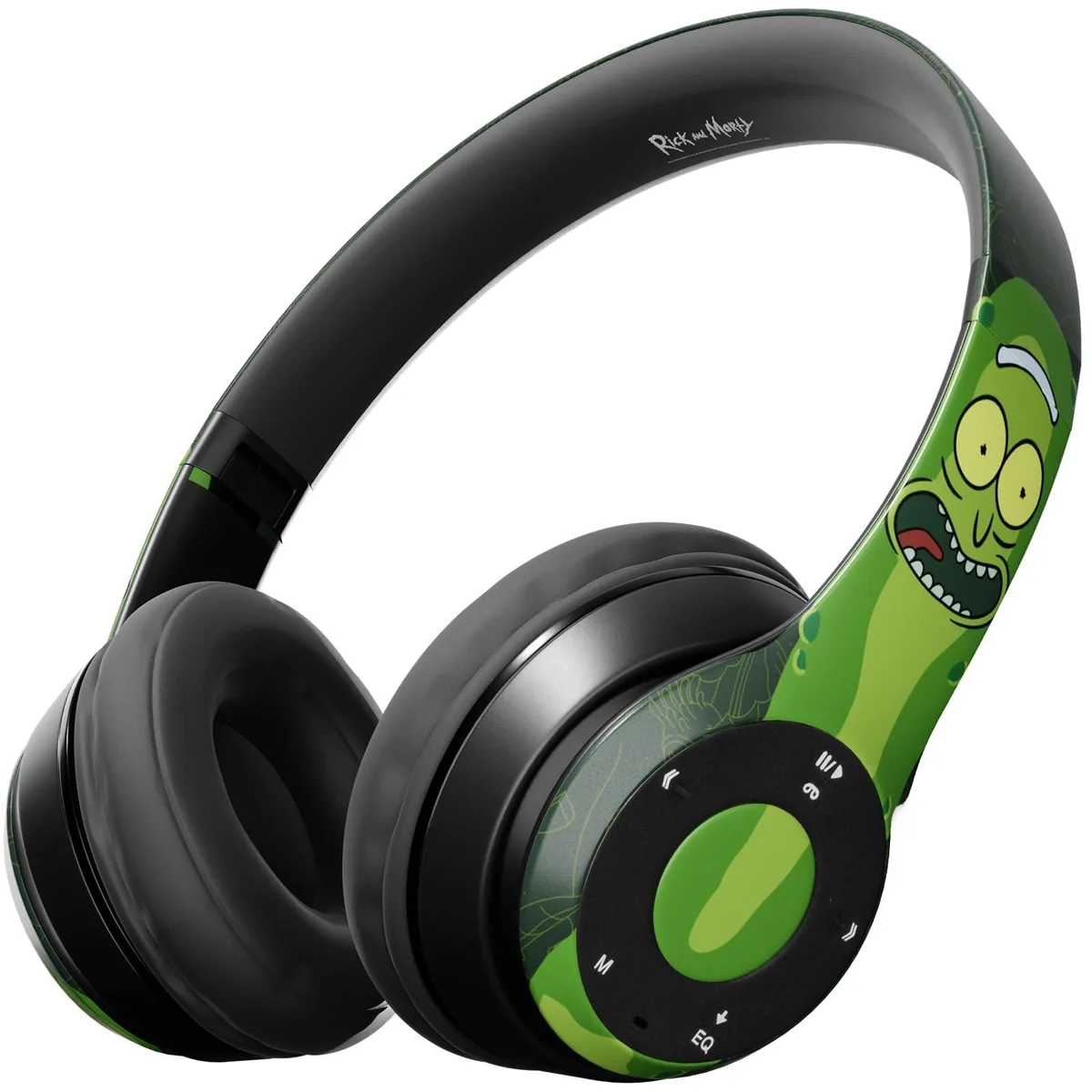 Over-ear headphones with Pickle Rick graphics, foldable headband, Bluetooth and wired modes