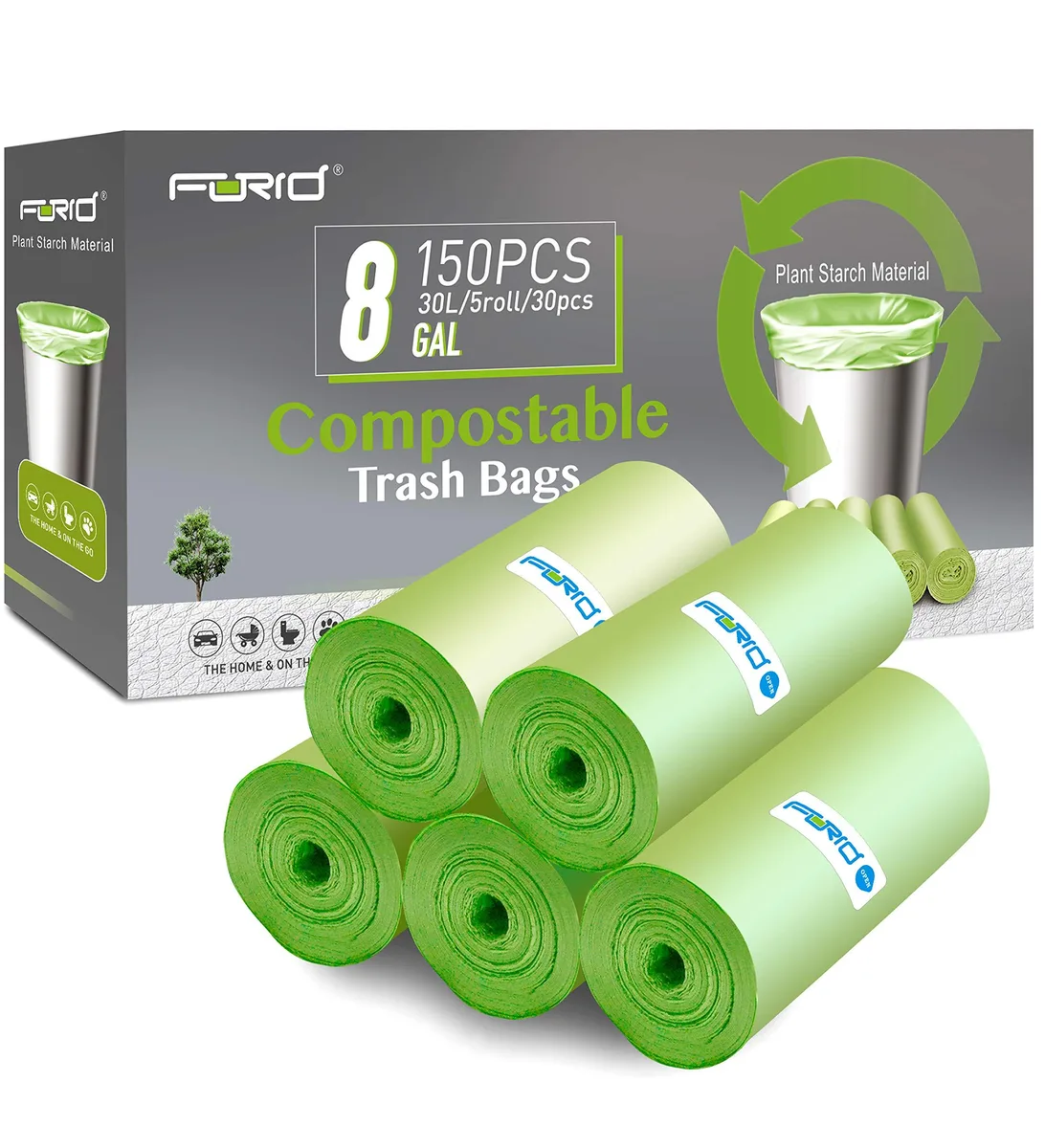 FORID Compostable Trash Bags 8 Gallon 150 Count Green PSM .5mil — product photo