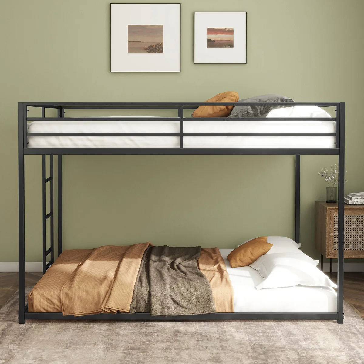 Black metal full-over-full bunk bed with ladder and guardrails