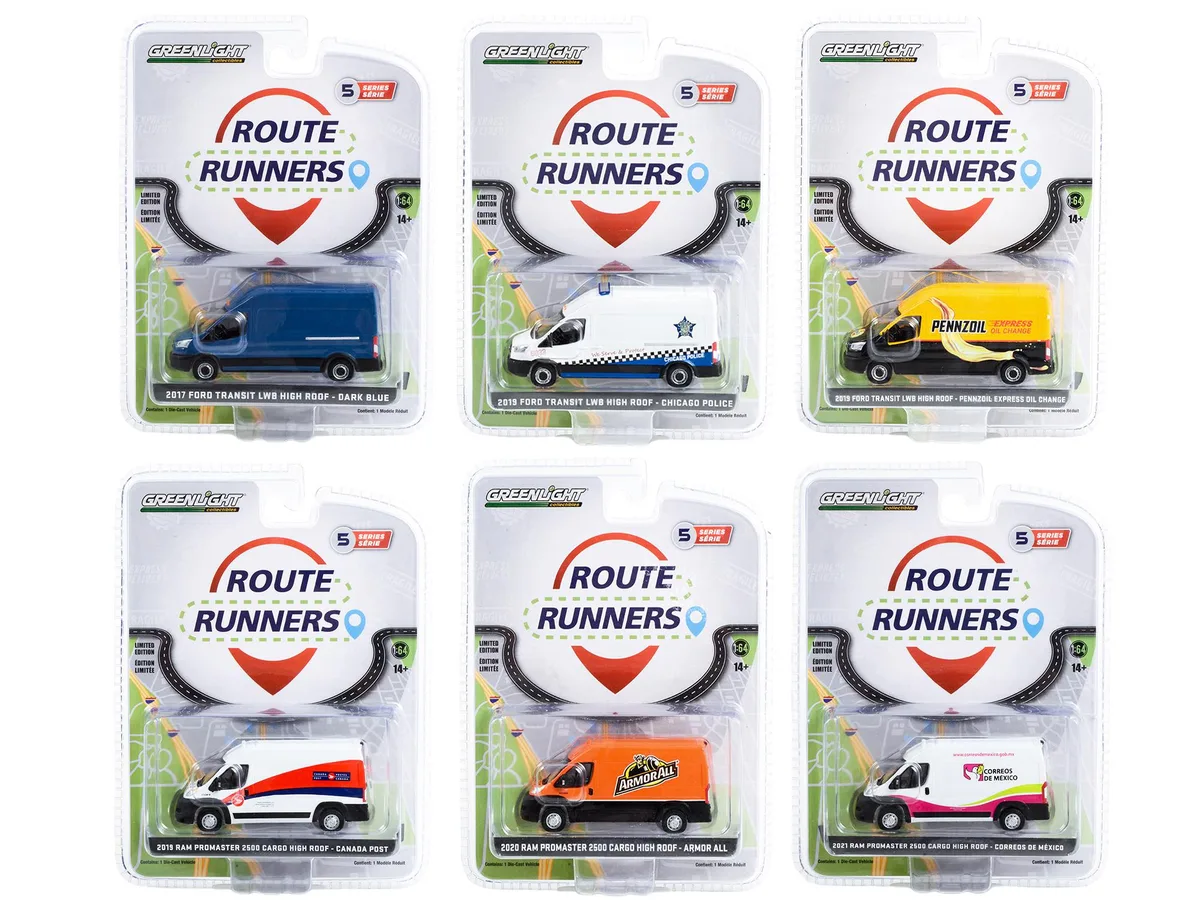 GREENLIGHT GREENLIGHT "Route Runners" Set of 6 Vans Series 5 1/64 Diecast Hobby Collectible — product photo