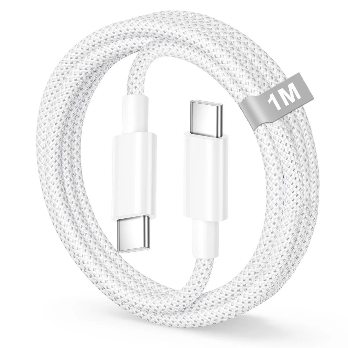 White nylon-braided USB-C to USB-C cable, 3.3 ft, male-to-male connectors