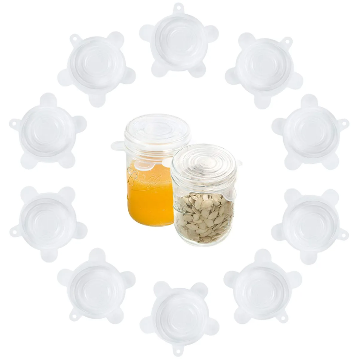 Ten white round silicone stretch lids stacked together