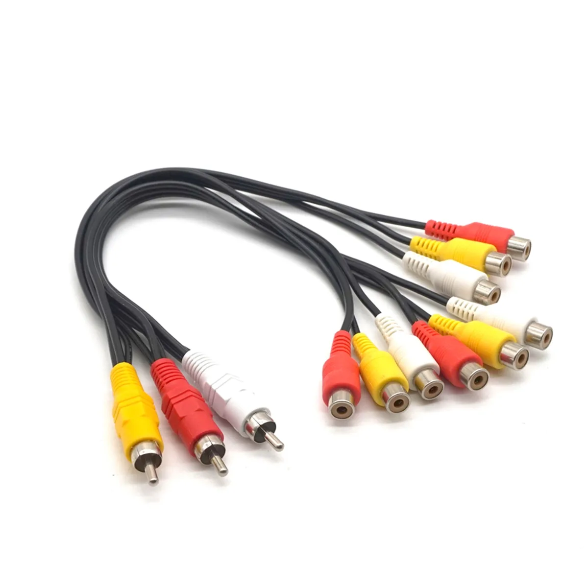 Short black cable with three male and nine female RCA plugs