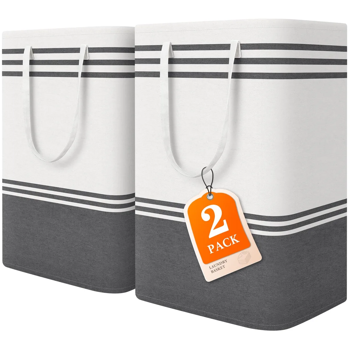 Two tall fabric laundry hampers in neutral tones standing side by side