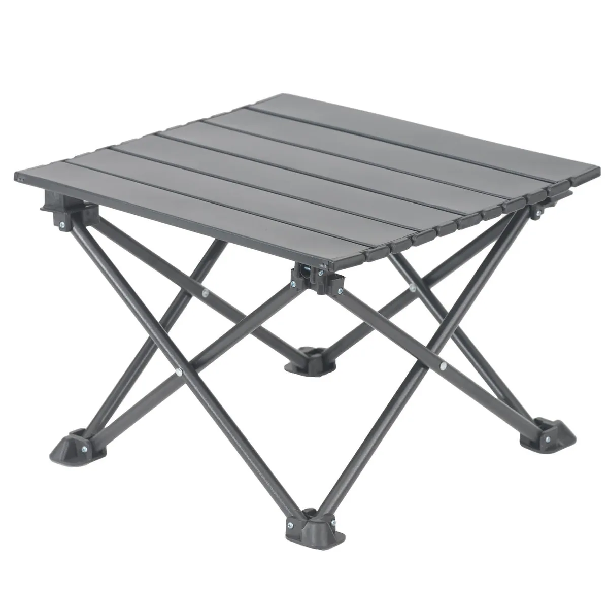 Black roll-up camping table folded into compact carry bag with mesh pocket visible