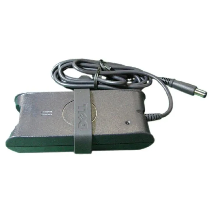 Rectangular black power brick with grey cable and barrel connector