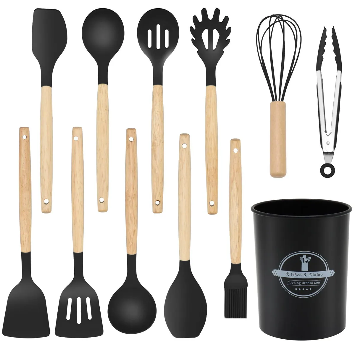 Black silicone utensils with wooden handles, 12 pieces in a set