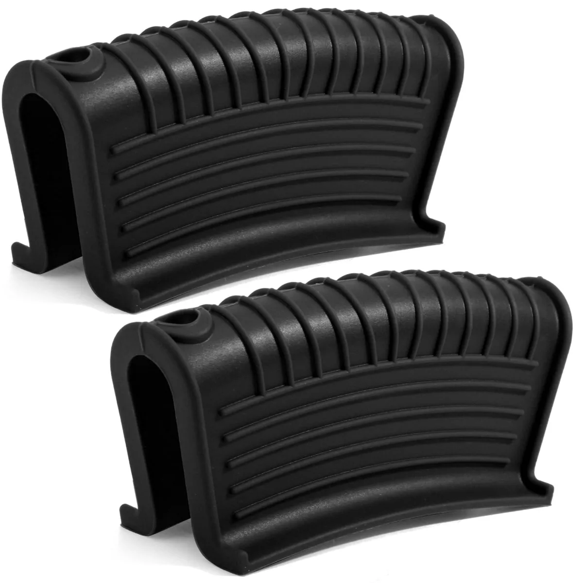 Two black silicone handle covers with ribbed grip and hanging hole