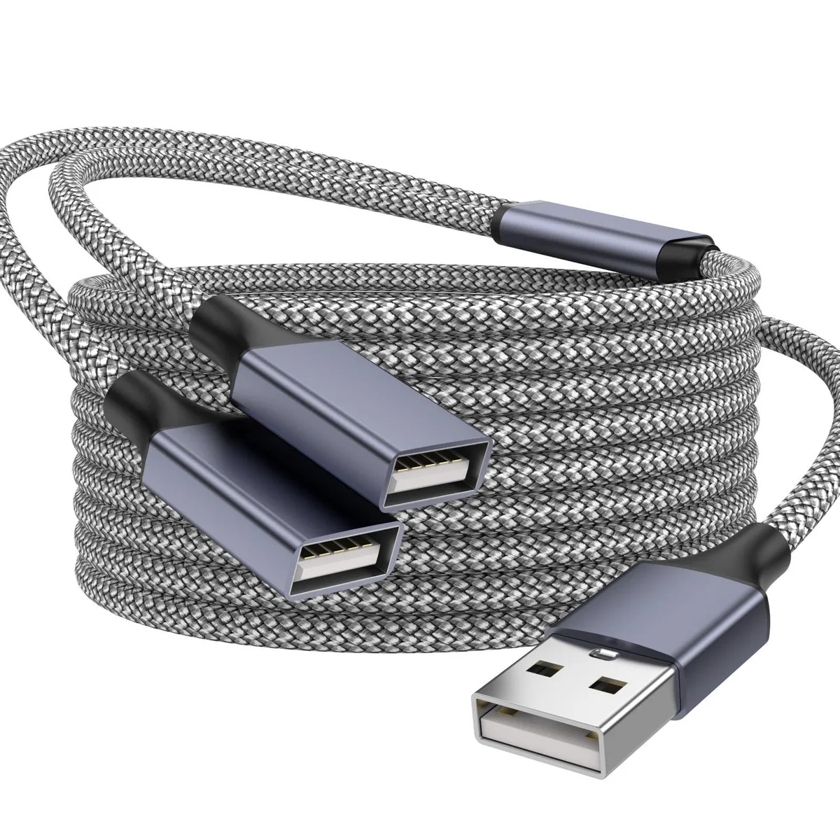 Grey USB 2.0 Y splitter cable 3.3 ft with one male and two female connectors