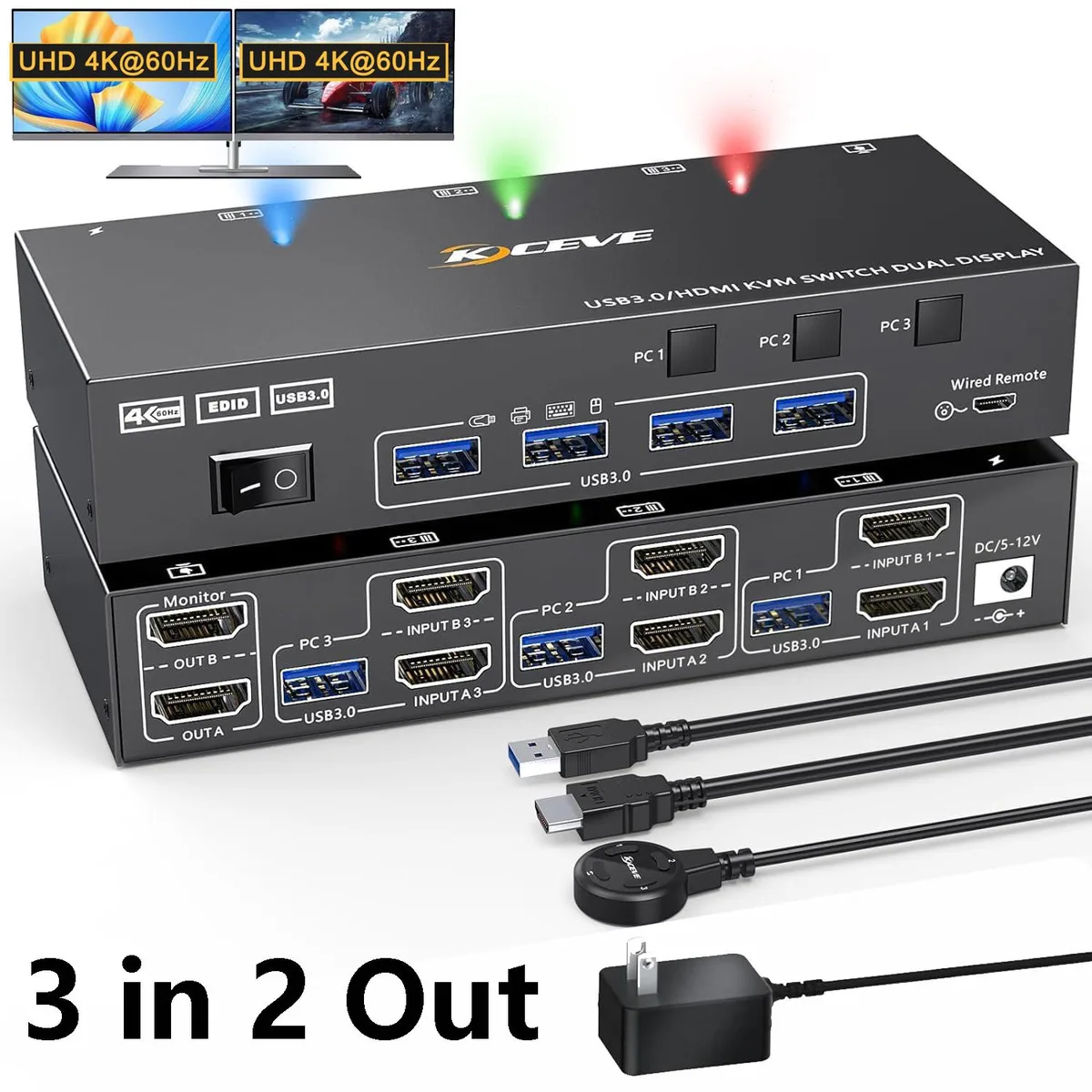 Hitoor Hitoor KVM-302AS KVM Switch 3-Port 2-Monitor 4K@60Hz USB 3.0 Wired Remote — product photo