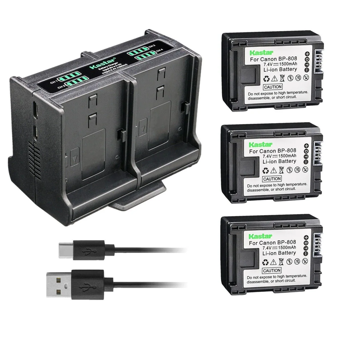 Kastar Kastar 3× BP-808 1500mAh 7.4V + Quad USB Charger — product photo